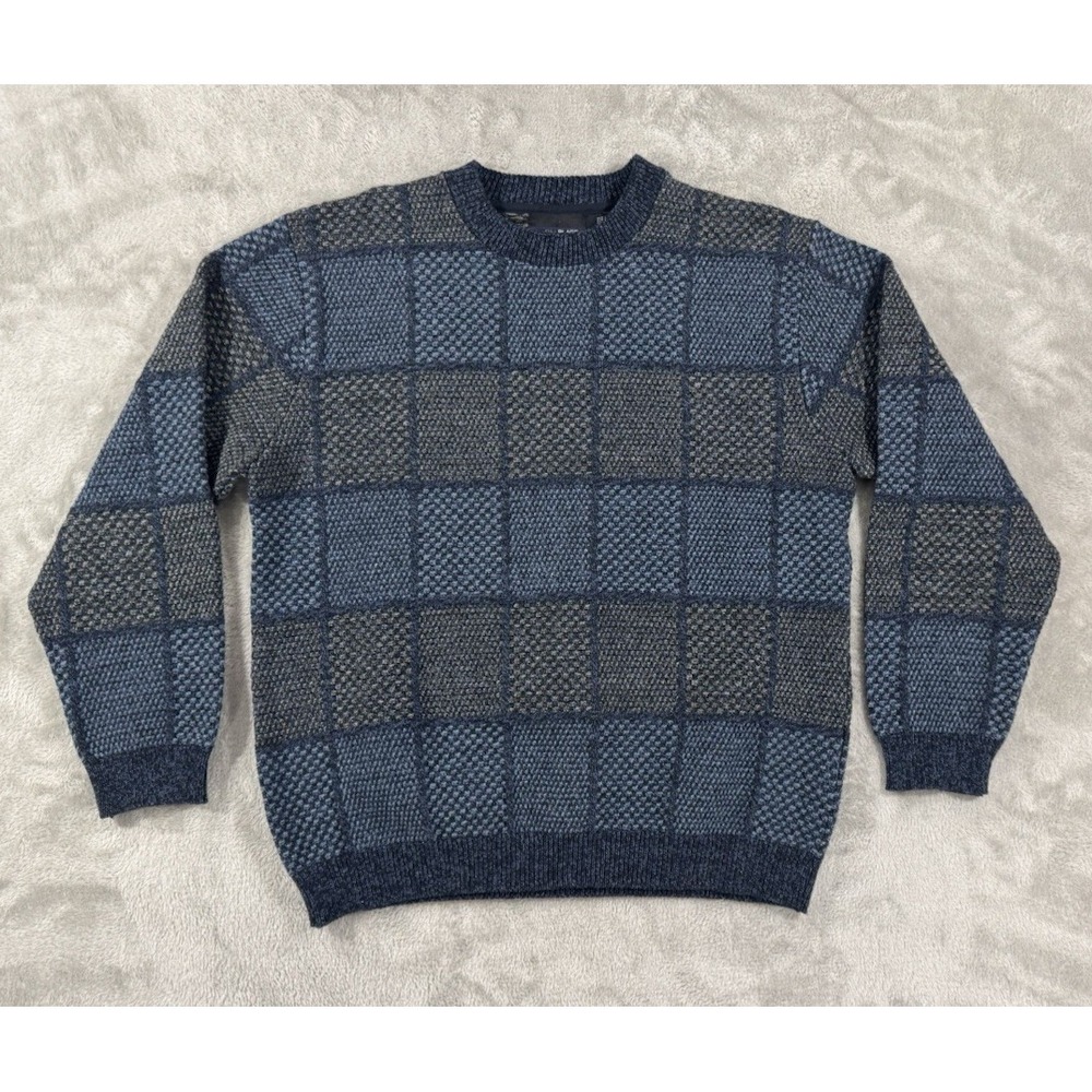 Bill Blass Sweater Mens L Dad Grandpa Patchwork‎ Checkered Boxy Color Block Blue
